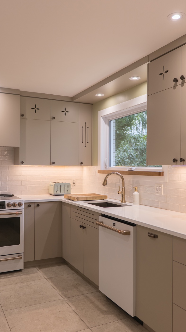 Même cuisine après rénovation Mobela : armoires taupe et finition contemporaine